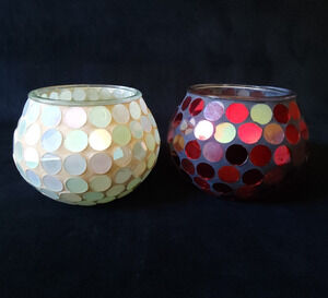 Set of 2 Large Mosaic Colored Glass Jar Candle Holders Decorative Home Decor